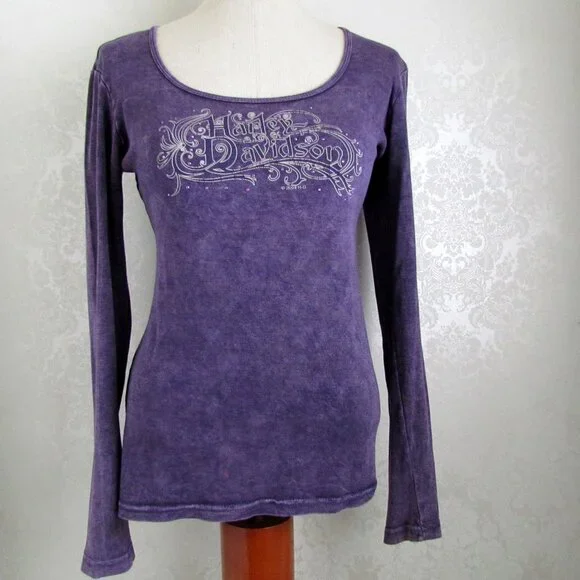 HARLEY-DAVIDSON TOP, M-L, LONG SLEEVED & LONG BODY FANCY LOGO, PURPLE COTTON H-D - Picture 2 of 7